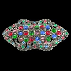 Vintage Art Deco “Fruit Salad” Multicolor Glass Cabochon & Rhinestone Brooch